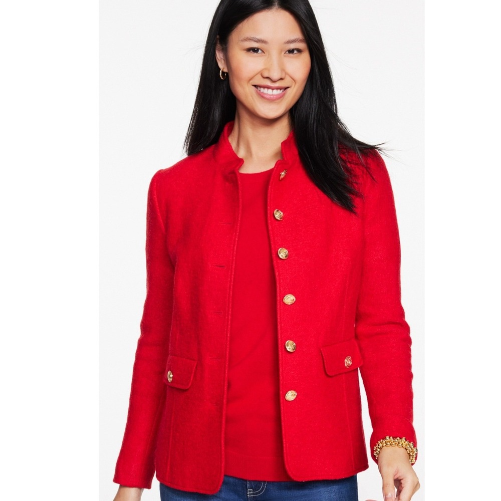 Talbots Wool Blend Jacket Women 14W Red Gold Crest Button Stand Collar Blazer
